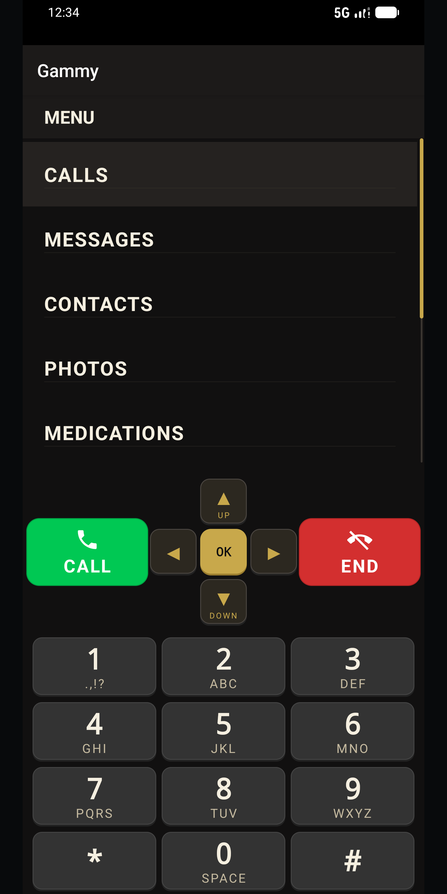Gammy menu with large, readable items