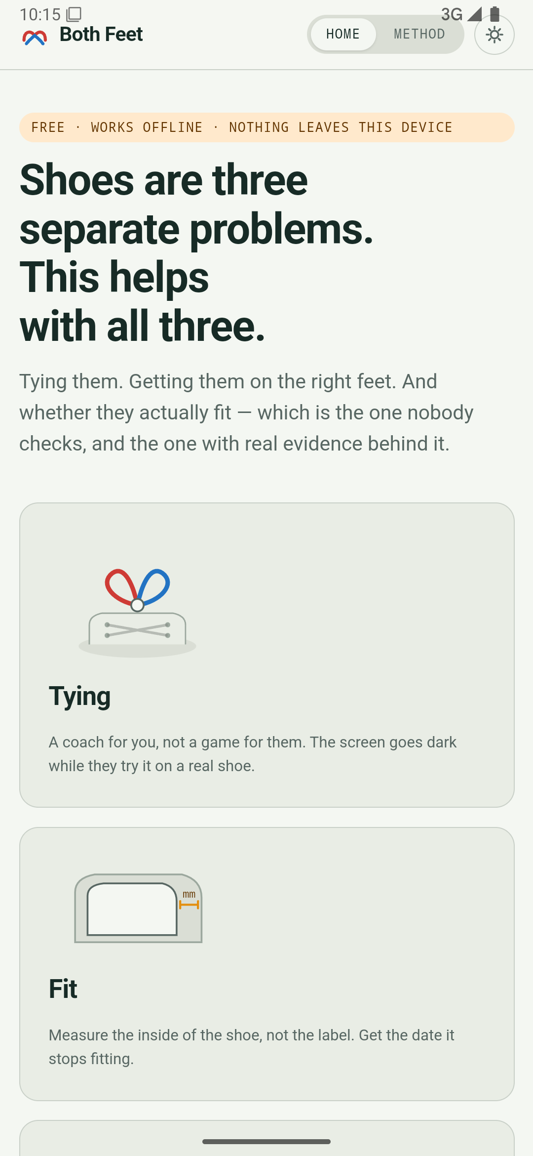 Both Feet Android app home screen