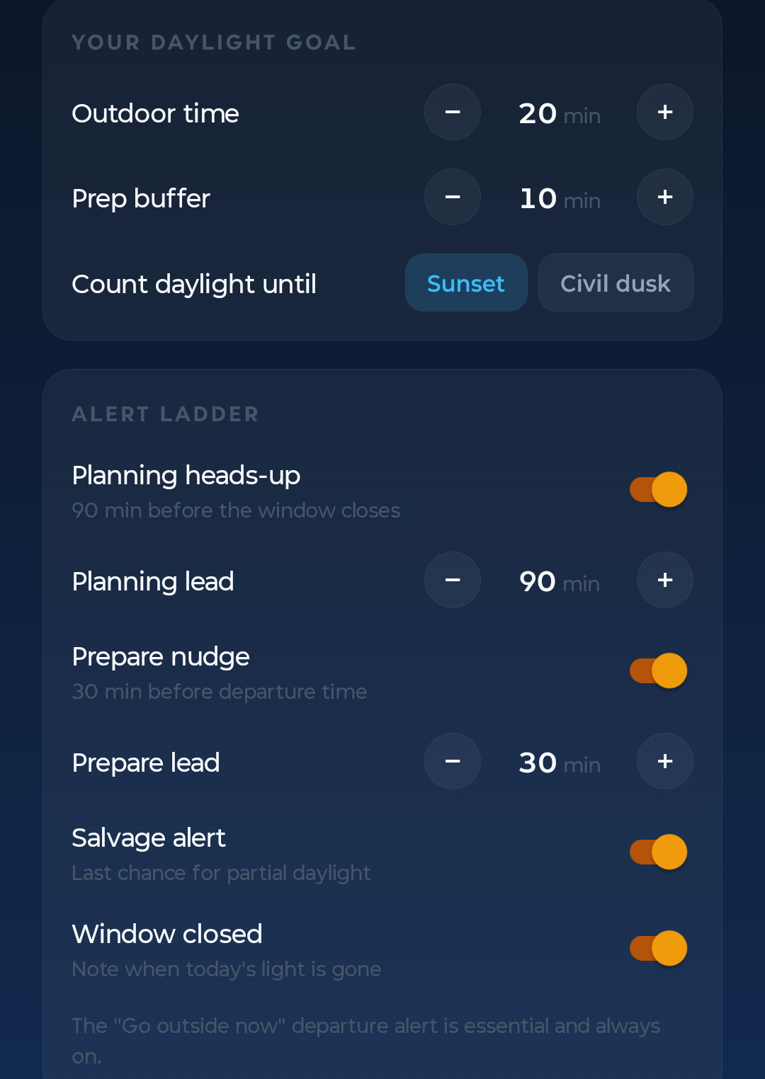 Solarma settings showing the daylight goal and the alert ladder