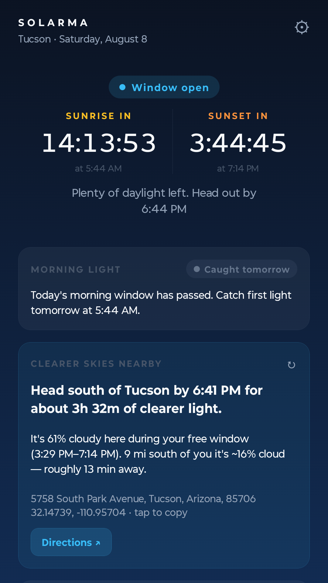 Solarma suggesting a clearer-sky spot, when to leave, and how much clear light it would give