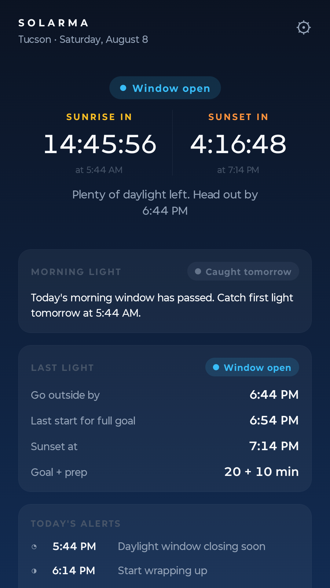 Solarma home screen with sunrise and sunset countdowns and the leave-by deadline